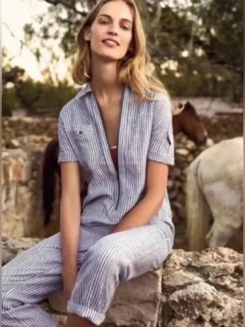 Anthropologie Cartonnier Linen Striped Blue Utility Jumpsuit - small petite